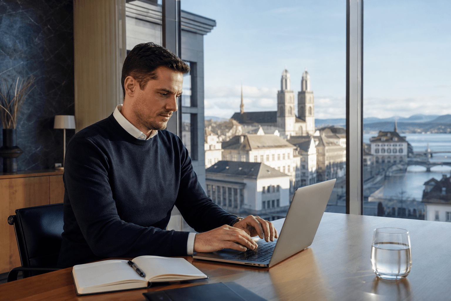 Zurich et quartier d’affaires suisse, visuel éditorial sur la prospection LinkedIn B2B