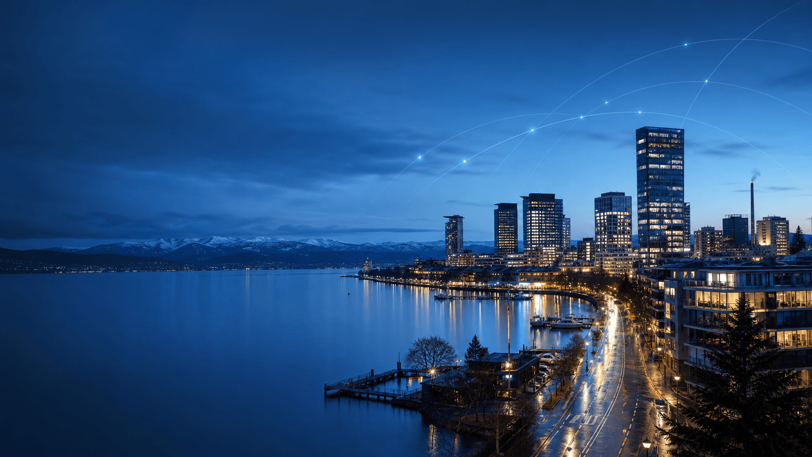 Quartier d’affaires de Zurich et paysage suisse, visuel éditorial Lead-Gene Suisse